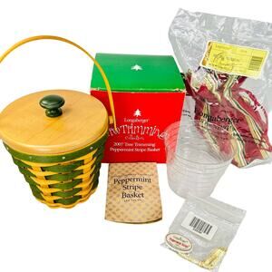 Longaberger PEPPERMINT STRIPE Tree Trimming Green Lid Liner Protector Tie-on Box